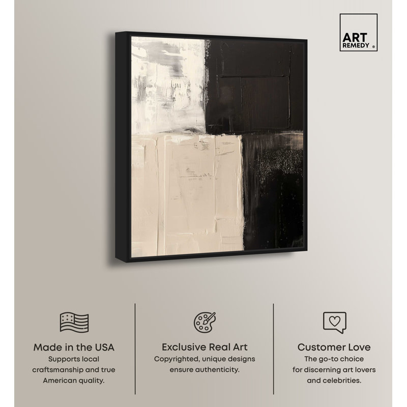 Abstract Black and Beige Canvas Wall Art with Black Frame, 25" x 21"