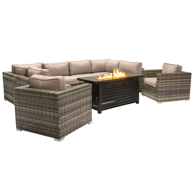 Ensemble de conversation modulaire 9 pièces avec foyer en métal et coussins Sunbrella Lsi, Beige