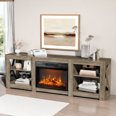 Farmhouse 70'' TV Stand For Tvs Up To 70'' With 23'' Electric Fireplace And Adjustable Shelves