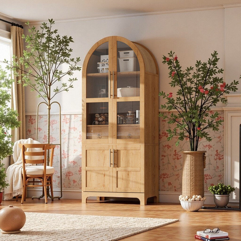 71" Tall Arched Buffet Pantry Cabinet With Glass Doors Adjustable Shelves & Hidden Drawer  Kitchen Storage Cupboard