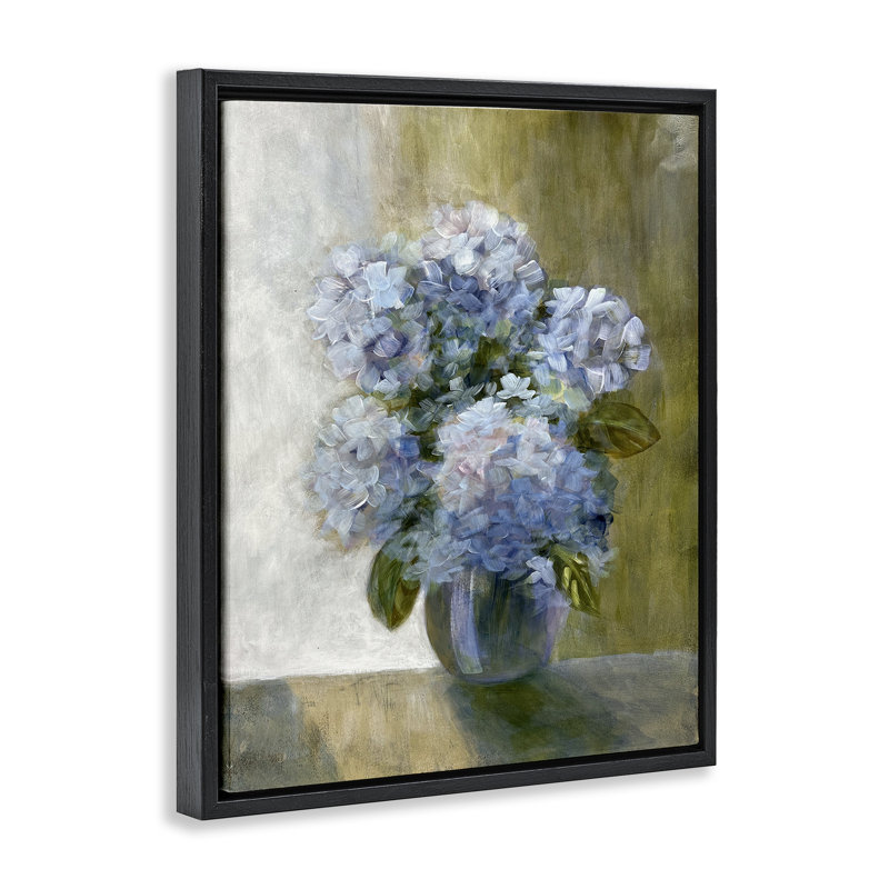 "Hortensias dans un vase", art mural sur toile flottant noir par Doris Charest, Cadre flottant noir de jais