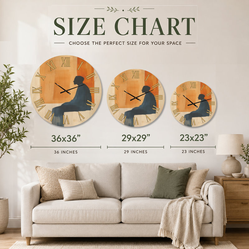 Réflexion silencieuse en position assise - Horloge murale orange de style milieu du siècle, imprimée sur bois, Très grand