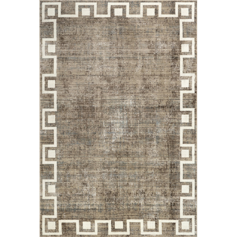 Olvera Beige Geometric Border Synthetic Area Rug, 5' x 7'