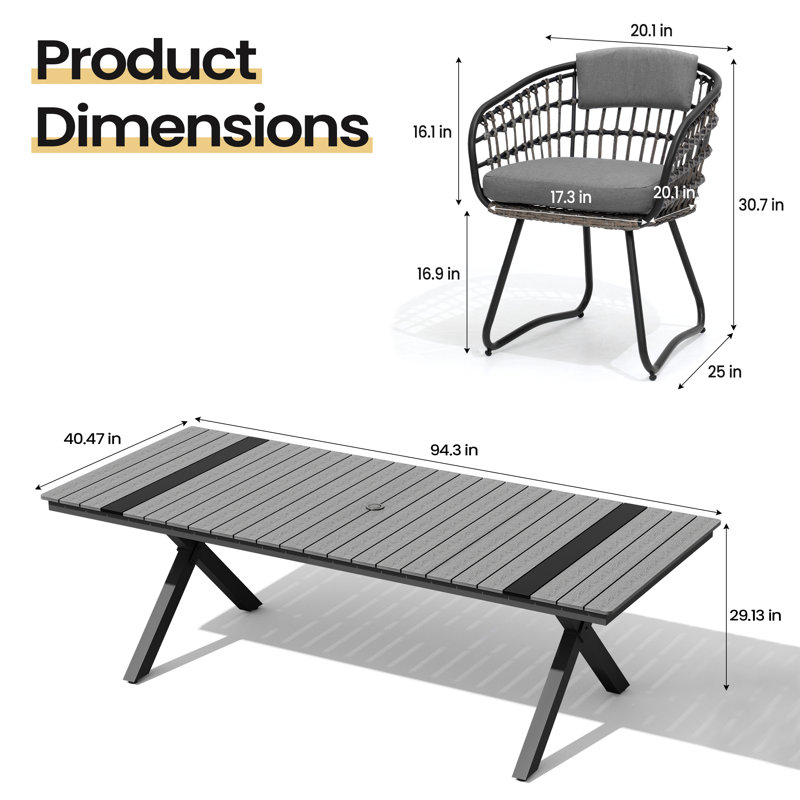 8 - Person Aluminum Outdoor Dining Set with Umbrella Hole and Removable Cushion, Dark Gray/Gray