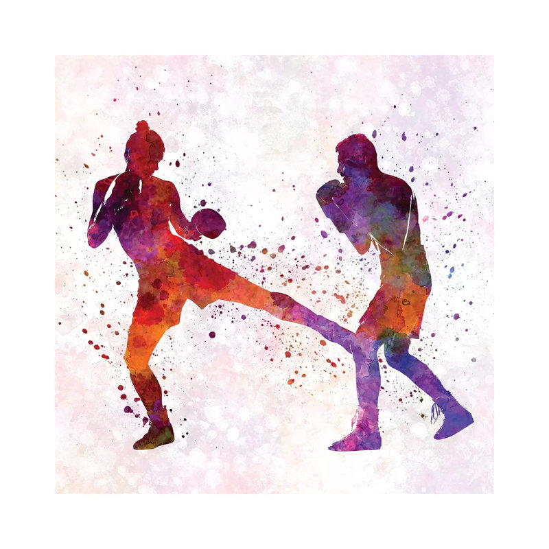 Woman Boxer Boxing Man Kickboxing Silhouette Isolated II by Paul Rommer - Wrapped Canvas Painting