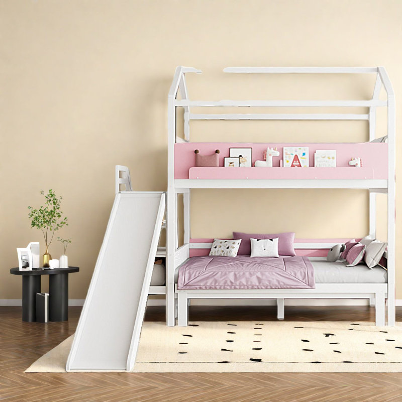 Lits de rangement à glissière, lit jumeau en bois au-dessus du style maison double pour maison d'enfant moderne