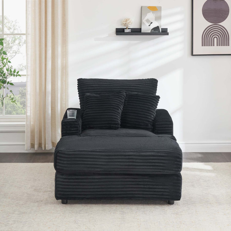 Comfortable Spring Armchair and Ottoman Set with Cup Holder and Corduroy, Black