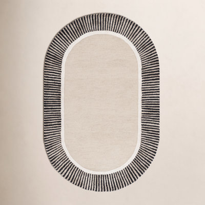 Beige Black Hand-Tufted Striped Wool Rug