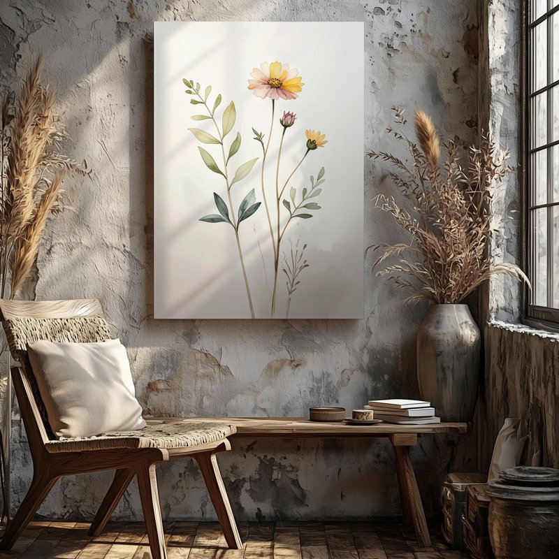 Une délicate illustration botanique montrant un arrangement simple de fleurs sauvages sur une toile murale simple de qualité supérieure, prête à être accrochée
