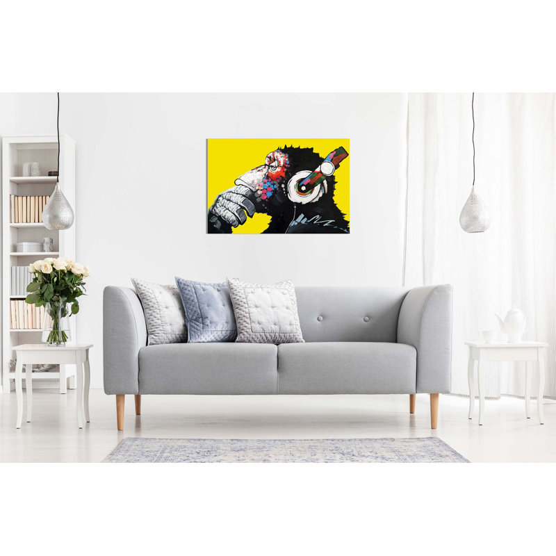 Cool Ape With DJ Heaphones - Wrapped Canvas Print, 20cm H x 31cm W, Yellow