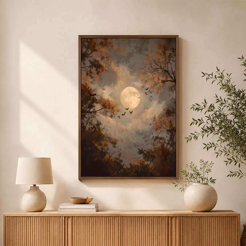 Lune parmi les arbres brumeux - Tableau sur toile encadré marron, 61 cm H x 41 cm L, 16" x 24", Brown