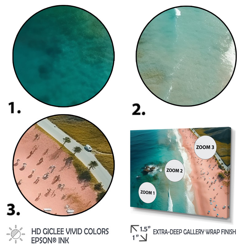 Vue aérienne de la plage bleue et rose III - plage et océan, art mural, Cadre flottant brun, H 12 po x l 20 po x P 1 po