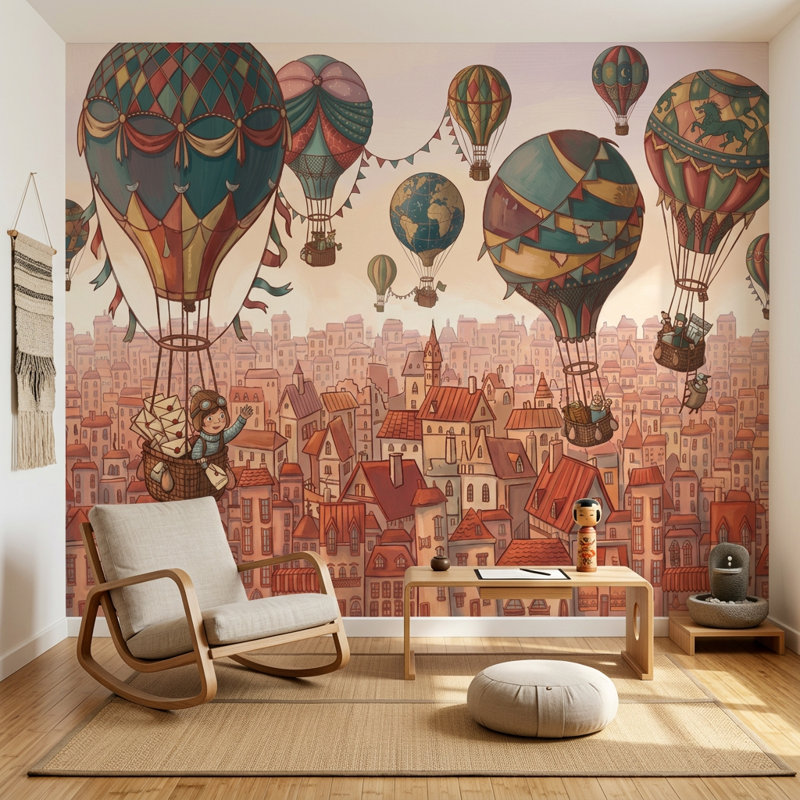 Papier peint carte du monde, montgolfière, horizon de la ville, 100 po x 96 po, Texturé non collé