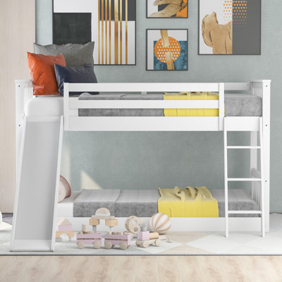 Lit superposé simple au-dessus de simple avec glissière convertible et échelle d'accès sécuritaire, blanc