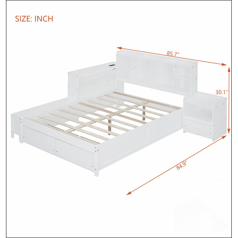 Lit plateforme double en bois avec rangement multifonctionnel, table de chevet, 2 tiroirs, ports USB et bureau, blanc, Blanc