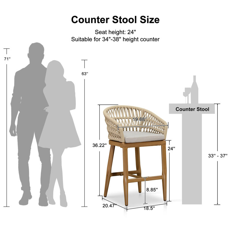 Alexamarie 24" Patio Bar & Counter Stool with Waterproof Upholstered and Powder Metal, Beige Polyester/ Teak Frame