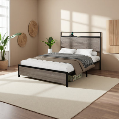 Structure de lit plateforme en bois avec tête de lit à DEL avec rangement et 2 ports USB, aucun bruit, aucun matelas à ressorts requis et outils d'assemblage simples, grand rangement sous le lit
