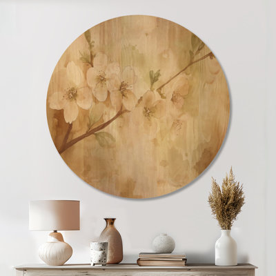 Fleurs de cerisier terreux brun tiges II - Art mural rond en bois asiatique