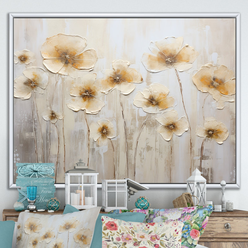Buttercups Fields On Gray IV sur toile, H 30 po x l 40 po x P 1,5 po, Cadre flottant blanc