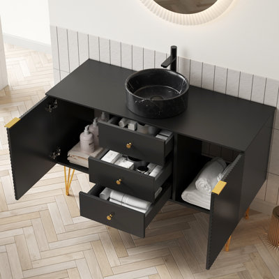 48" Bathroom Vanity, Black Stone Pattern Bowl Ceramic Vessel Sink, Gold Legs, 3 Drawer Storage, 2 Open Compartments, Sintered Countertop, Multi - Layer Plywood Cabinet, And Stain Sink Toned Metal