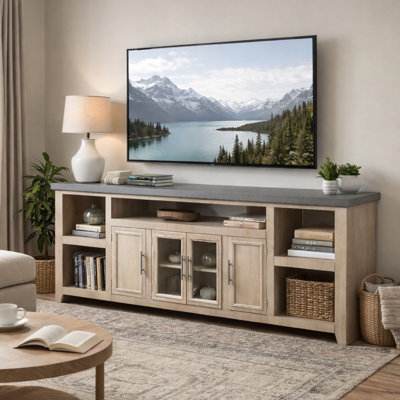 Meuble télé Lina, plateau en ardoise gris 93 po, bois de pin crème