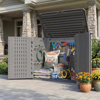 Remise de rangement horizontale en résine de 4,2 pi x P 2,4 pi, armoire à poubelle en résine plastique avec porte verrouillable, remise en HDPE durable pour jardin, patio, cour