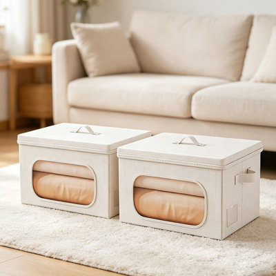 Boîte de rangement en tissu 2 pièces avec couvercle et poignée, mélange de lin en coton Tianshan, pliable, convenant pour le rangement dans les chambres à coucher, les salons et les dortoirs, beige (L 17,7 po x l 13,7 po x H 10,2 po)