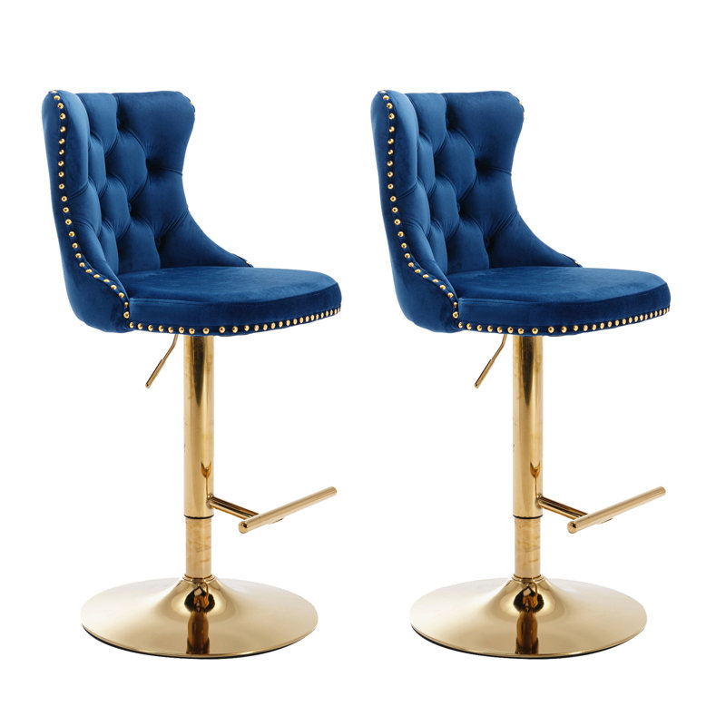 Javarius Upholstered Adjustable Height Counter Stool with Metal Frame, Navy Blue