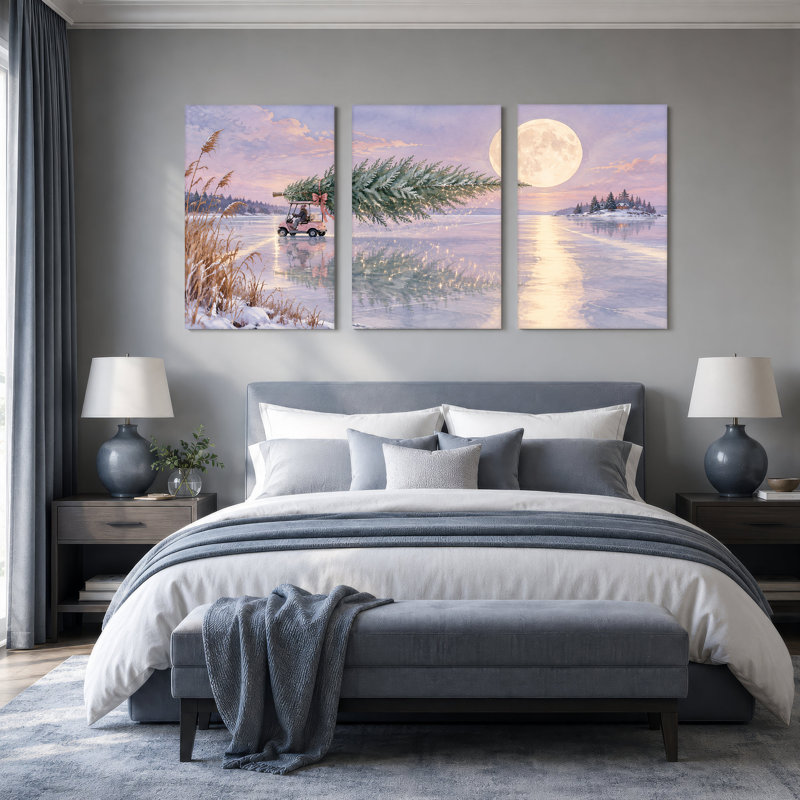 Ensemble de 3 toiles de golf roses portant un arbre sur la glace, ensemble de Noël, L 60 po x H 30 po au total - 3 panneaux