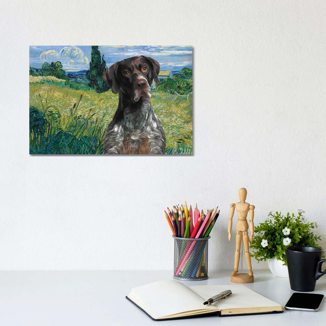 German Shorthaired Pointer Wheat Field with Cypress - Wrapped Canvas Graphic Art