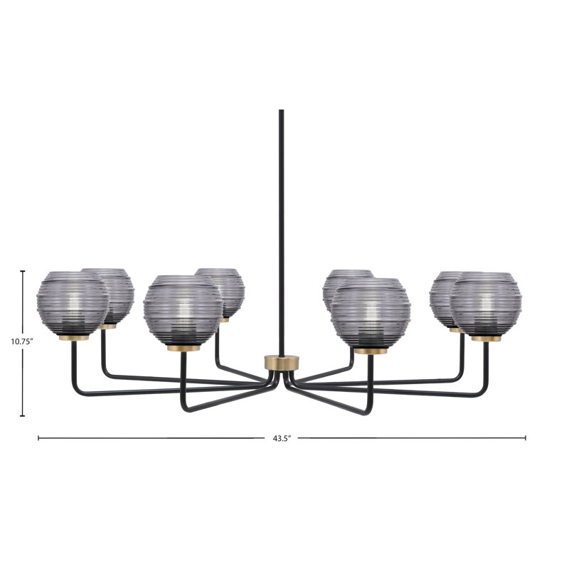 Lustre 8 lumières Amarmula, noir mat et laiton vieilli, verre fumée 6 po, Transparent/noir, Noir/laiton