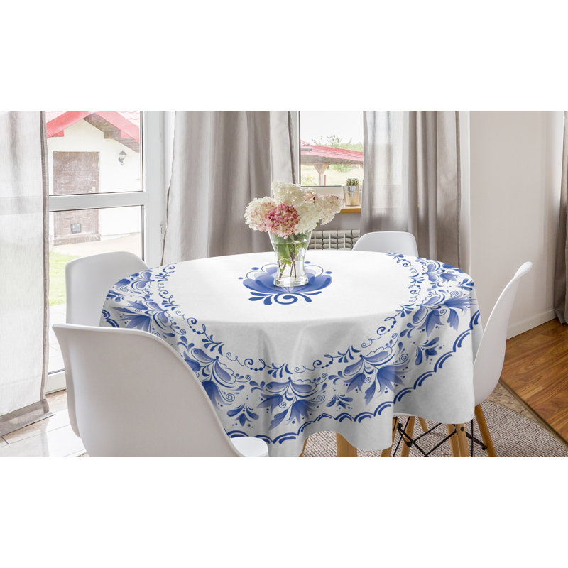 Ambesonne Mandala Round Tablecloth, Country Style Floral Soft Color Circle Pattern Persian Features Nostalgic Design, Circle Table Cloth Cover For Dining Room Kitchen Decoration, 60", Blue White