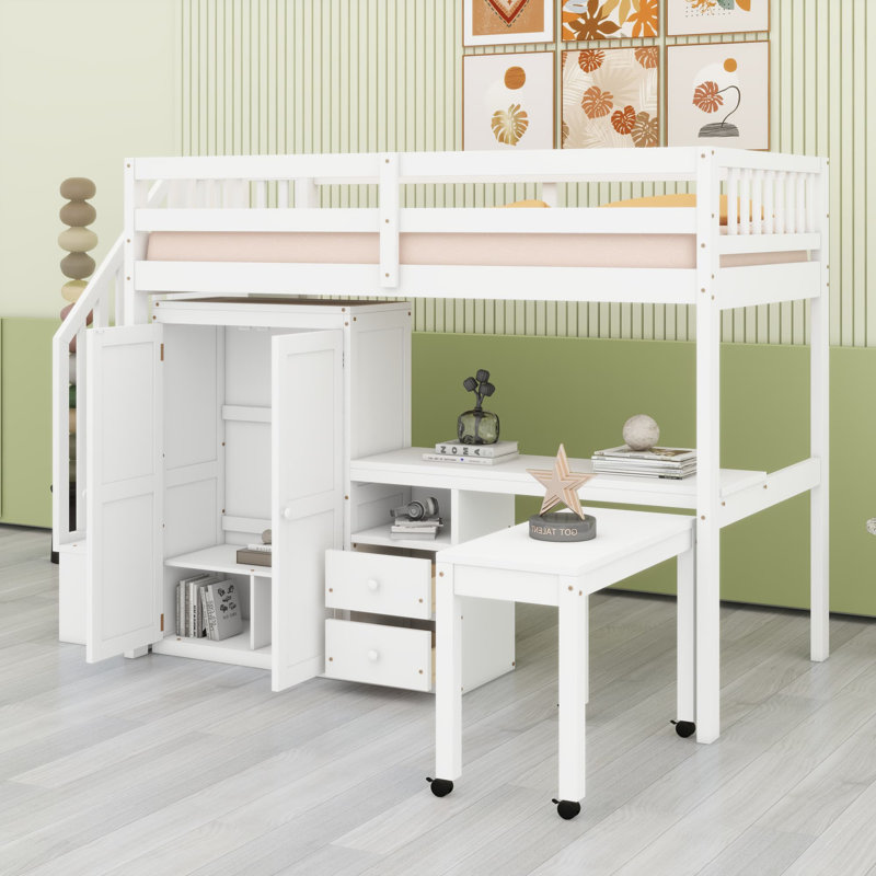 Lit mezzanine avec escalier, Lit simple, Blanc