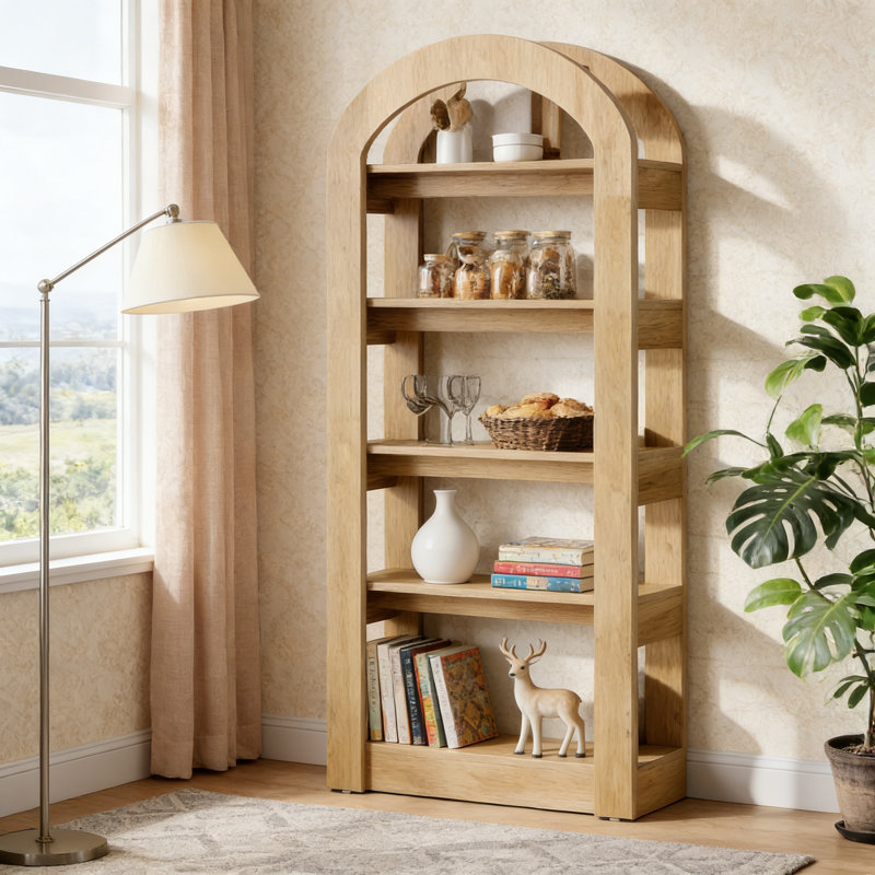 5-Tier Bookshelf, Wooden Bookcase Display Shelf with Arch-Shape, Teak