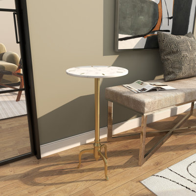 White Marble Side End Accent Table with Gold Inlay and Scrolled Base, 18" x 18" x 25"