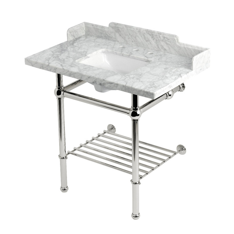 Kingston Brass Pemberton 36-Inch Carrara Marble Console Sink with Brass Legs and Shelf (8-Inch, 3-Hole)