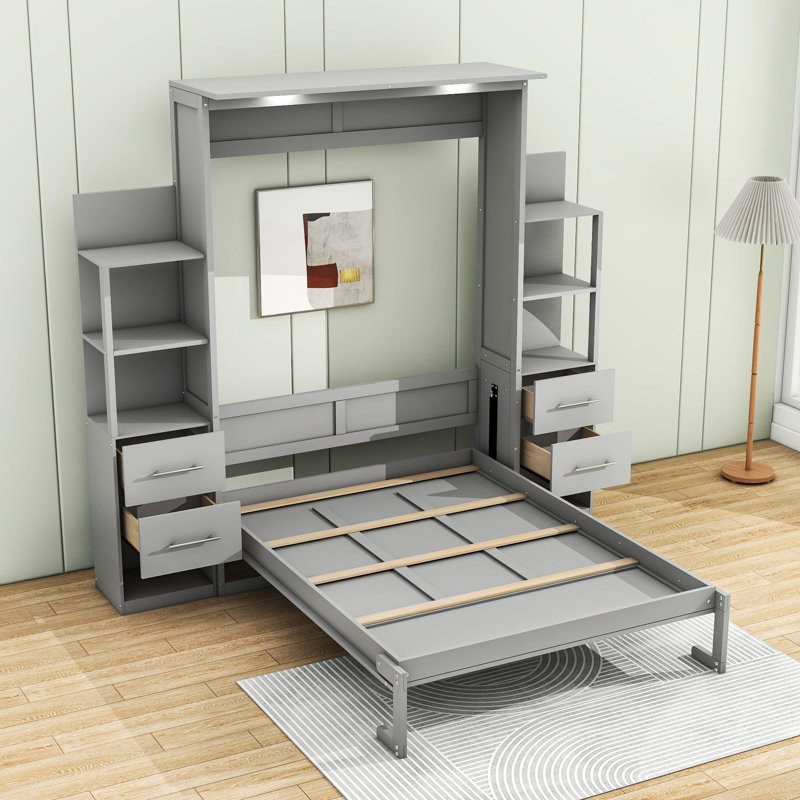Lit escamotable polyvalent avec tablettes de rangement et tiroirs Sebatian, Double , gris