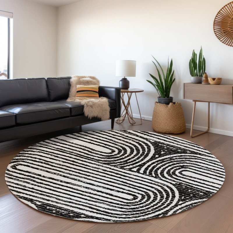 Premium Machine Washable Cerrito AMF540 Black Rug, Round 8'