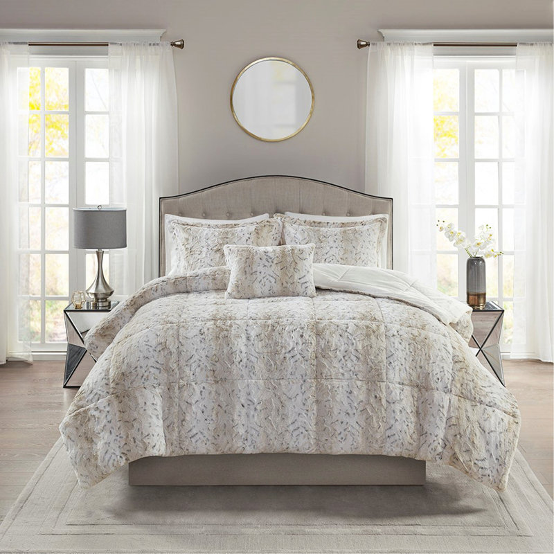 4PC Faux Fur Comforter Set, King Comforter + 3 Additional Pieces, Brown/Beige