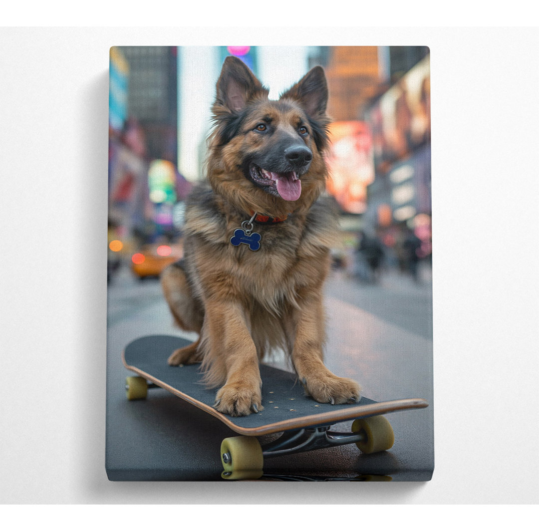 Deutscher Schäferhund auf einem Skateboard Leinwanddruck