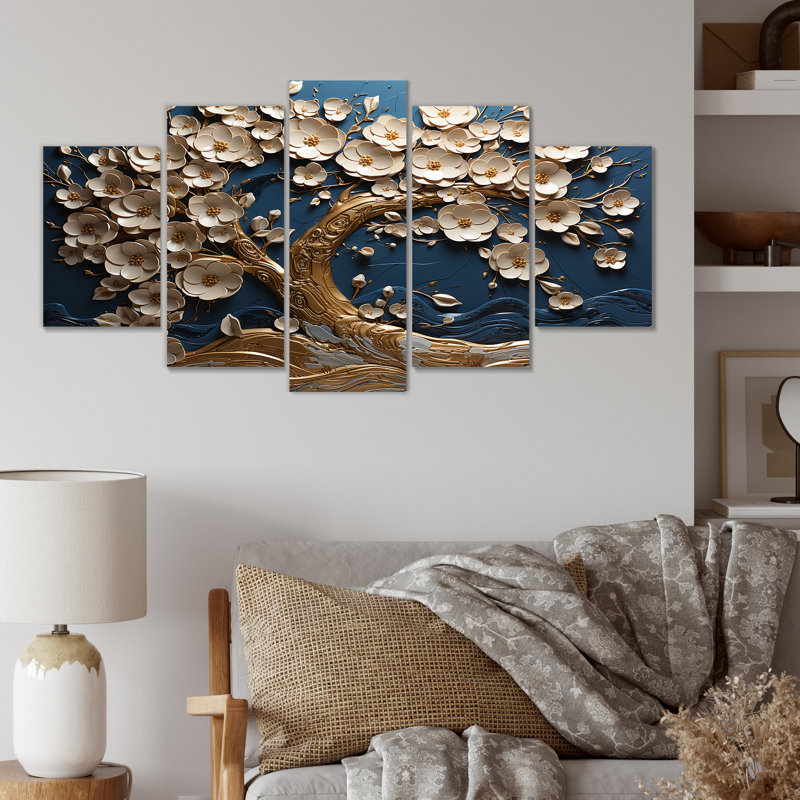 «Golden White and Blue Orchid Flowers Tree I - Tree Multipanel Wall Art