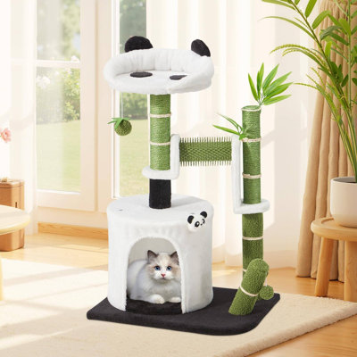 Panda Cat Tree - 30.7" Indoor Cat Tower with Self Groomer, Two-Tier Scratching Post, Interactive Toy, Cat Condo, and Bamboo Leaf Design with Dangling Ball