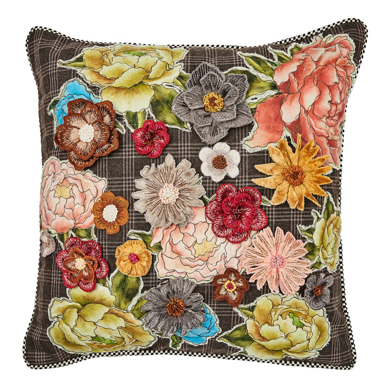 Square Embroidered Floral Kids Throw Pillow with Plaid Background