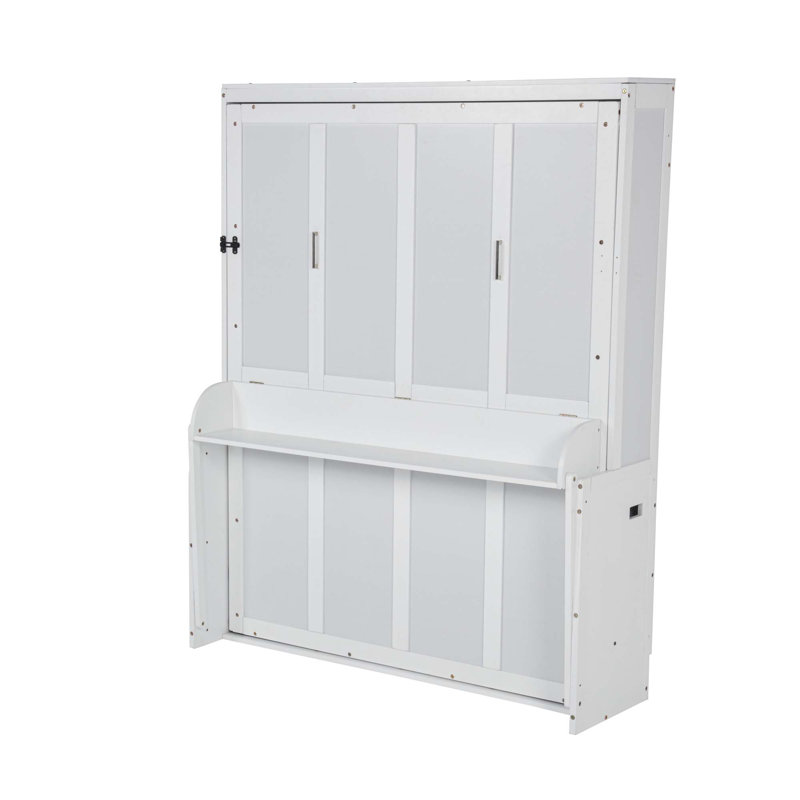 Grand lit escamotable vertical en bois grand format, lit escamotable mural peu encombrant, armoire murale, avec bureau, vérins à gaz, blanc