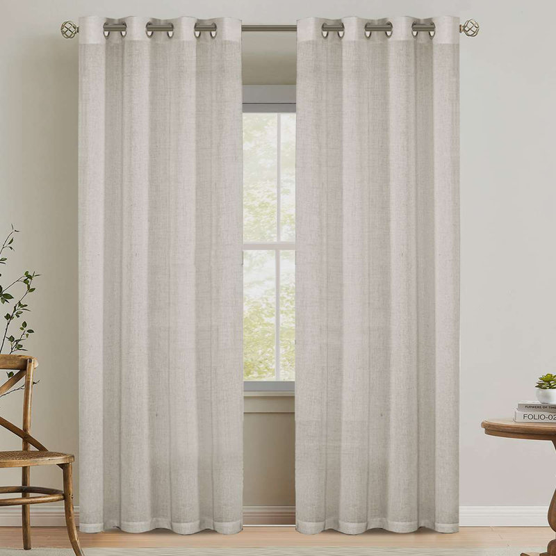 Linen Grommet Curtains for Living Room 2 Panel Drape Semi Sheer Neutral Country Rustic Farmhouse Boho Curtain Bedroom Muslin Look Light Filtering