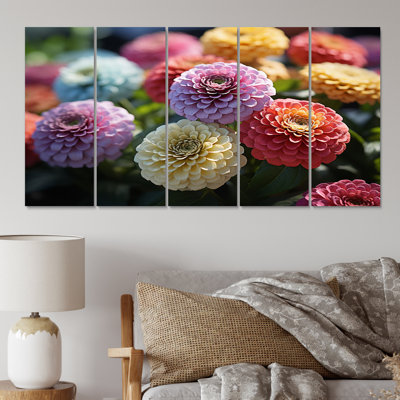 Champ coloré Zinnias au lever du soleil II - art mural floral salon - 5 panneaux égaux
