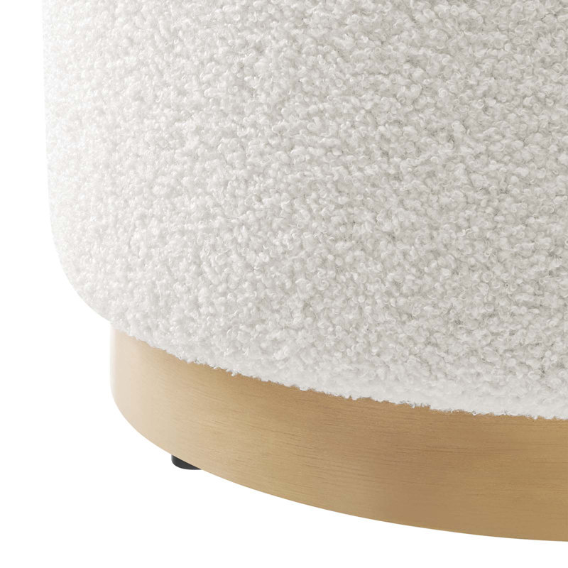 Ivory Sherpa Upholstered Round Ottoman with Rubberwood Base