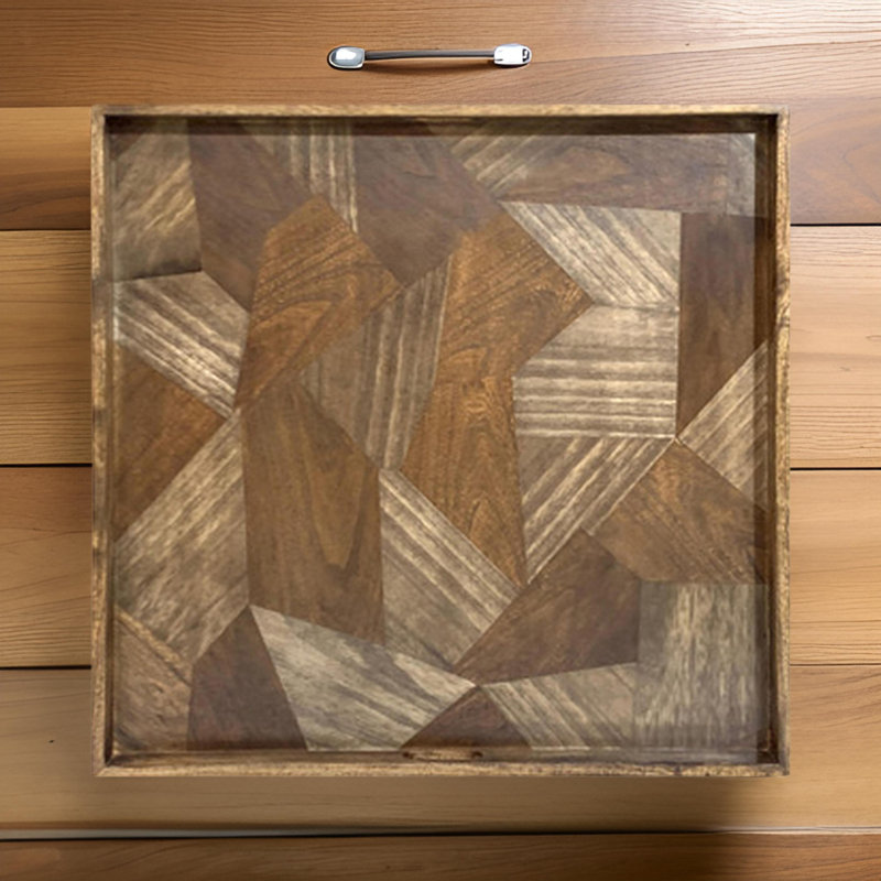 Plateau décoratif en bois Hely, carré de 27 pouces, motif géométrique beige brun