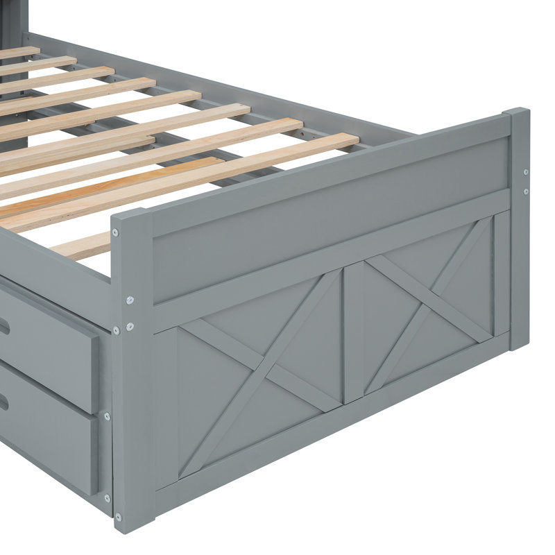 Lit double en bois avec tête de lit, prises intégrées, lit gigogne et 2 tiroirs de rangement, gris, Grey, Lit double