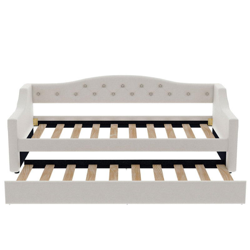 Lit de jour tapissier simple TG avec ceinture et gigogne à DEL, Beige